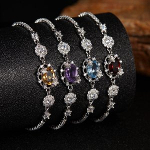S925 Sterling Silver Bracelet Inlaid With Natural Topaz Amethyst Citrine and Garnet Gemstones